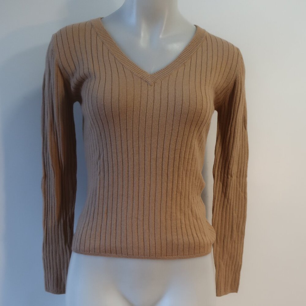 NWT Women Crush Camel Ribbed Cotton Silk Cashmere V-Neck Sweater 0